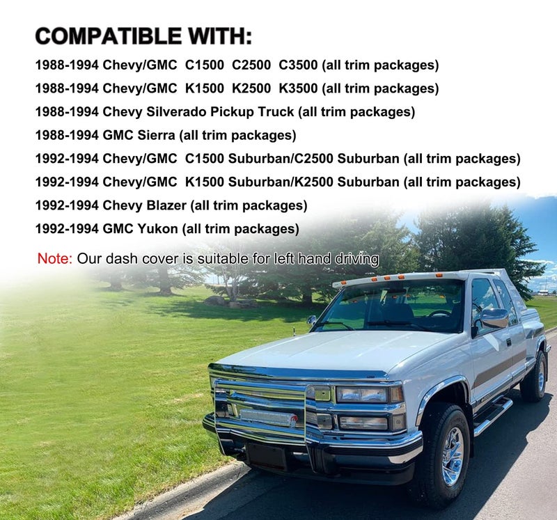 Yiz Dash Cover Mat Fit for Chevy Chevrolet Silverado/GMC Sierra C1500 C2500 C3500 K1500 K2500 K3500 Pickup Truck 1988-1994, 1992-94 GMC Yukon/Chevy Blazer Suburban Dashboard Pad Carpet (88-94, Black) Y25 - Image 2